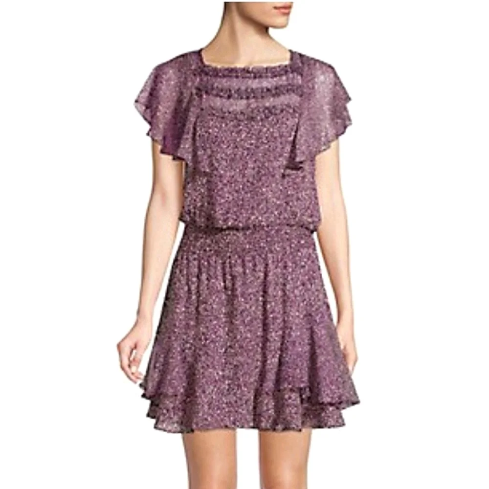 Parker Ruffle Silk Mini Dress in Funfetti Purple Size Small